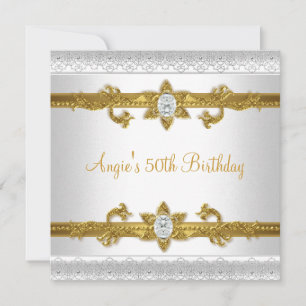 Invitation Bijou élégant blanc or pour fête d'anniversaire 50