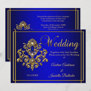 Invitation Bijou Élégant Mariage Bleu Royal Or