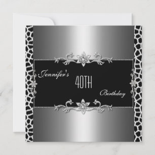 Invitation Bijou élégant noir argent imprimé girafe 40ème