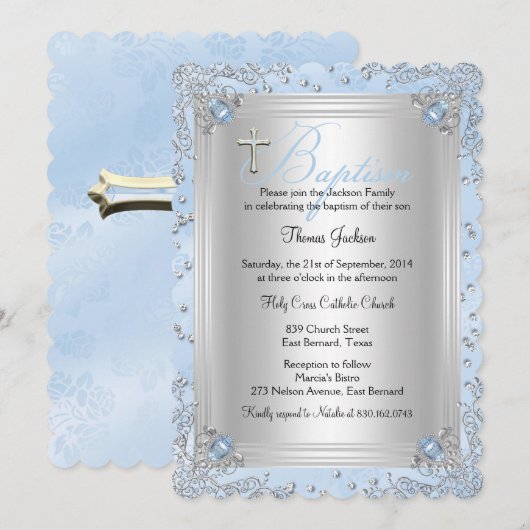 Invitation Bijou Étincelle Bleue Baptême 2 (Devant / Derrière)