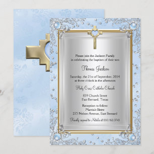 Invitation Bijou Étincelle Bleue Baptême Christening Or