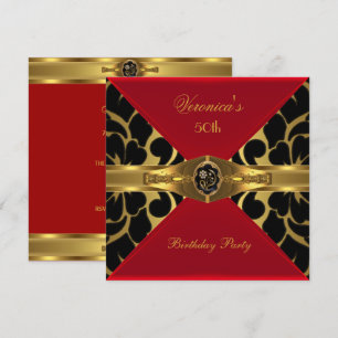 Invitation Bijou floral damasquiné rouge or noir pour 50e ann