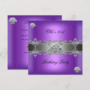 Invitation Bijou Floral Élégant Violet Argent pour 21ème Anni
