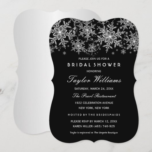 Invitation Bijou noir argenté Fête des mariées de flocon de n (Devant / Derrière)
