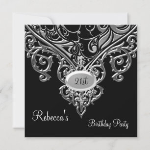 Invitation Bijou noir argenté orné 21e anniversaire élégant 2