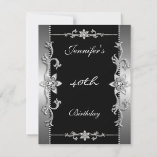Invitation Bijou Noir Élégant Argent 40ème