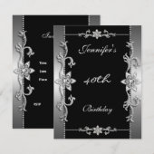 Invitation Bijou Noir Élégant Argent 40ème (Devant / Derrière)