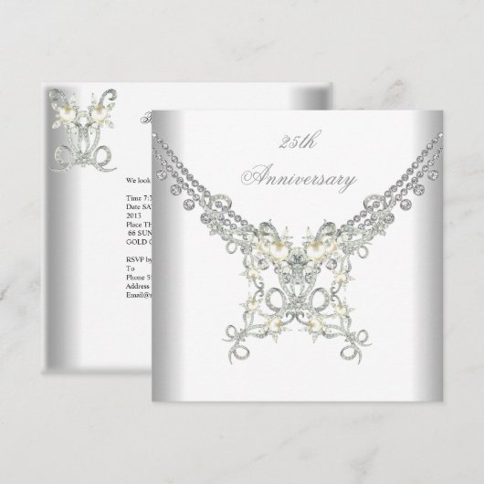 Invitation Bijou perle argentée 25e anniversaire (Devant / Derrière)