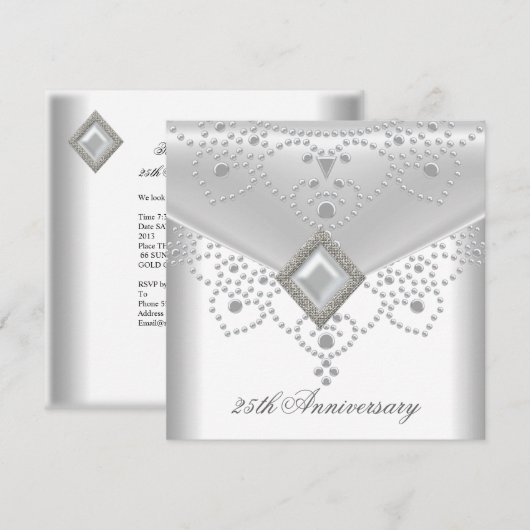 Invitation Bijou perle de superposition argent blanc 25e anni (Devant / Derrière)
