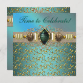 Invitation Bijoux Emerald Turquoise Blue Gold fête d'annivers (Devant / Derrière)