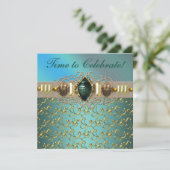 Invitation Bijoux Emerald Turquoise Blue Gold fête d'annivers (Debout devant)