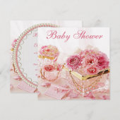 Invitation Bijoux fascinants, fleurs roses et baby shower de (Devant / Derrière)