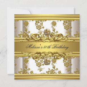 Invitation Bijoux Floraux Fête d'Anniversaire 50 ans Or sur F