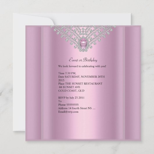 Invitation Bijoux Image Anniversaire fête rose (Dos)