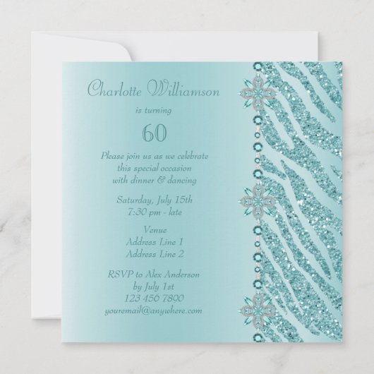 Invitation Bijoux imprimés Turquoises et Parties scintillant  (Dos)