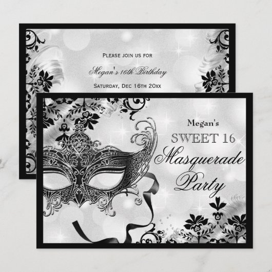 Invitation Bijoux Masque & Damas Argent Masquerade Sweet 16 (Devant / Derrière)
