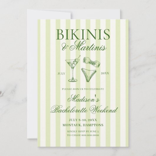 Invitation Bikinis & Martinis Bachelorette à rayures vertes (Devant)