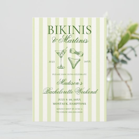 Invitation Bikinis & Martinis Bachelorette à rayures vertes (Debout devant)