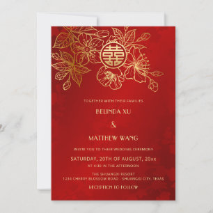 Invitation BILINGUAL Photo Rouge or Mariage chinois