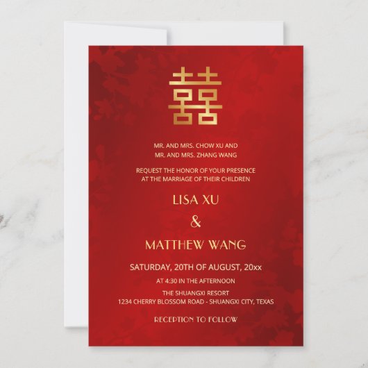 Invitation Bilingual | Simple Red Gold Chinese Wedding (Devant)