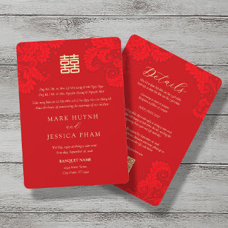 Invitation Bilingual Vietnamese English Red Floral Wedding