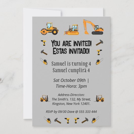 Invitation Bilingue Birthday Party Construction Thème (Devant)