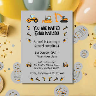 Invitation Bilingue Birthday Party Construction Thème