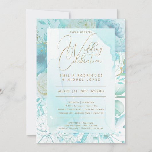 Invitation Bilingue BLANC OR TURQUOISE Mariage incl. Détails (Devant)