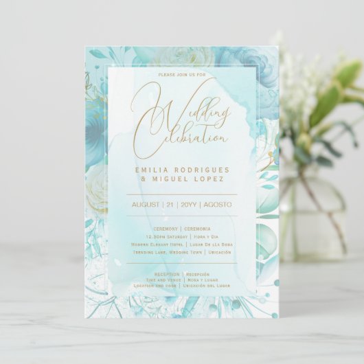 Invitation Bilingue BLANC OR TURQUOISE Mariage incl. Détails (Debout devant)