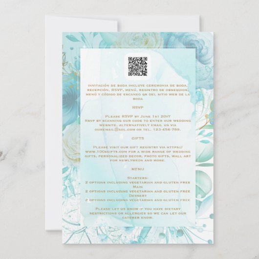Invitation Bilingue BLANC OR TURQUOISE Mariage incl. Détails (Dos)