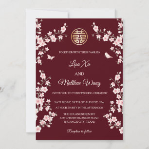 Invitation BILINGUE Fleur de mariage chinois rouge bordeaux