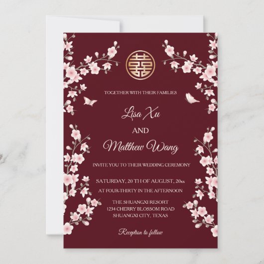 Invitation BILINGUE | Fleur de mariage chinois rouge bordeaux (Devant)