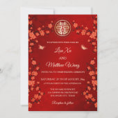 Invitation BILINGUE Fleur Orientale Rouge | Mariage Chinois (Devant)