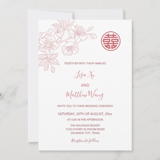 Invitation BILINGUE | Floral Blush Mariage chinois rose (Devant)