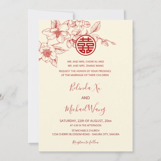 Invitation BILINGUE | Magnolia Crème Mariage Chinois (Devant)