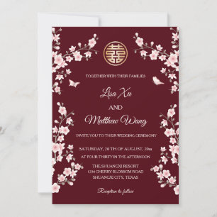 Invitation BILINGUE   Mariage chinois en fleurs de cerisier d