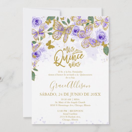 Invitation bilingue pour Quinceanera papillon (Dos)