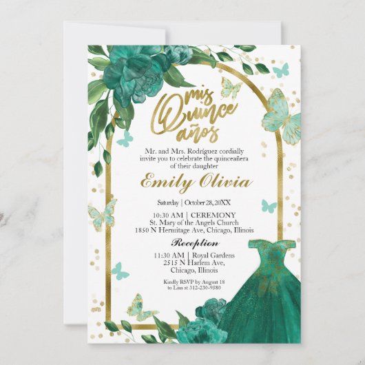 Invitation Bilingue Quinceanera Butterflys Emerald Green (Devant)