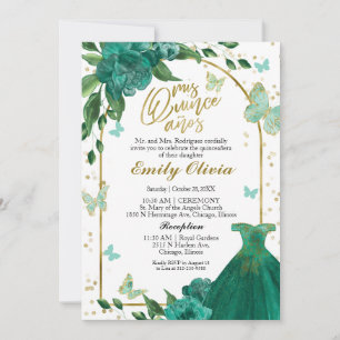 Invitation Bilingue Quinceanera Butterflys Emerald Green
