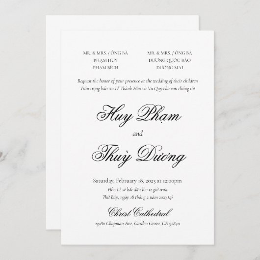 Invitation bilingue vietnamienne en script classiq (Devant / Derrière)