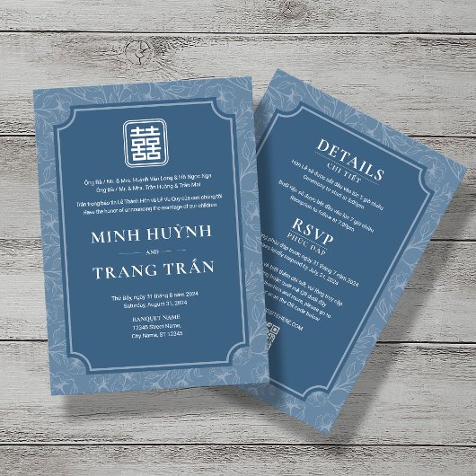 Invitation Bilingue vietnamienne gris bleu Chant Mariage