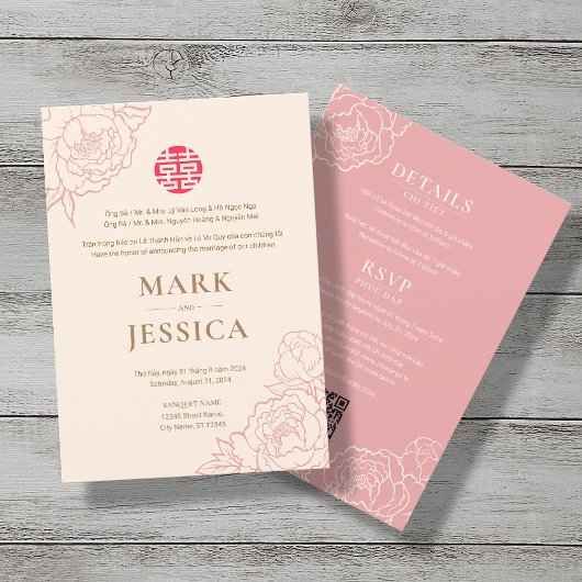 Invitation Bilingue Vietnamienne Peony Song Hy Mariage