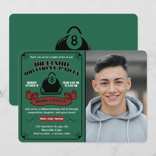 Invitation Billard Anniversaire Thème de la fête Photo person (Devant / Derrière)