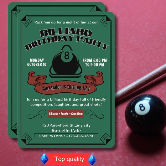 Invitation Billard vintage Anniversaire Piscine de fête Thème