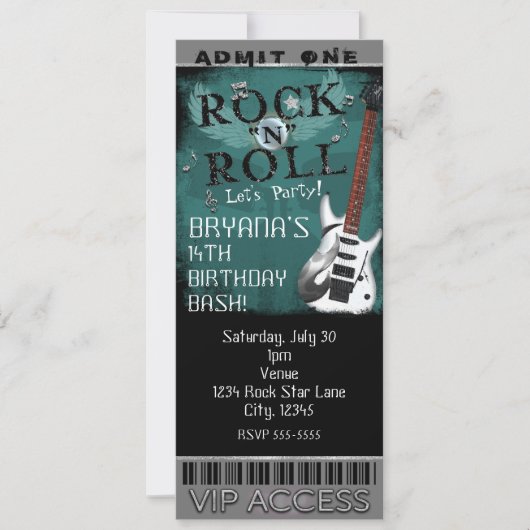 Invitation Billet Anniversaire VIP Party Rock N Roll Star Gla (Devant)