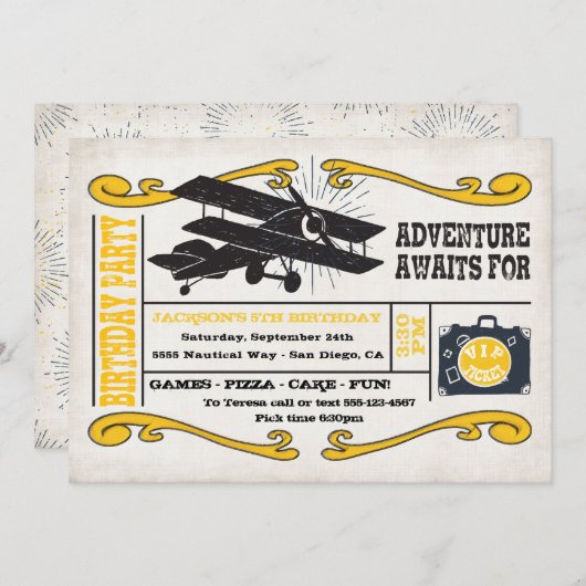 Invitation Billet Avion Aventure Anniversaire (Devant / Derrière)