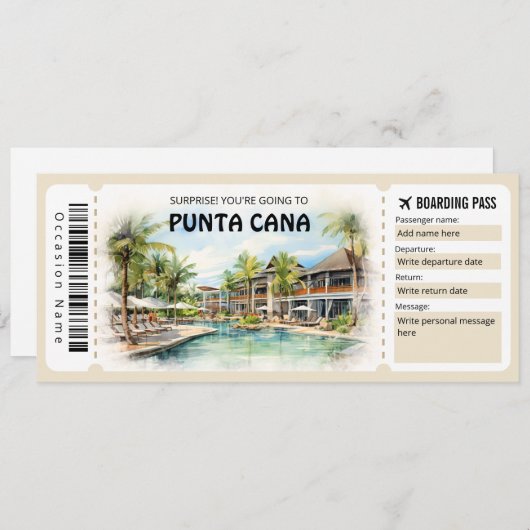 Invitation Billet avion Editable Punta Cana Boarding Pass (Devant / Derrière)