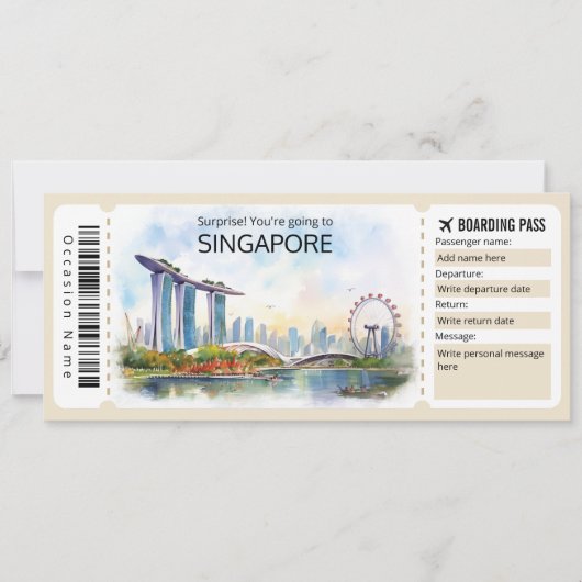 Invitation Billet Avion Singapour modifiable, Voyage Singapou (Devant)