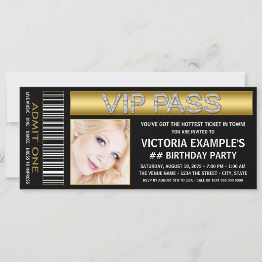 Invitation Billet Black Gold VIP Pass Anniversaire (Devant)