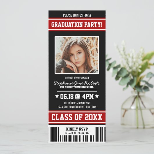 Invitation Billet Black|Red Sporty Graduy Party (Debout devant)